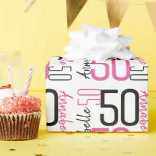 Papier Cadeau Ajouter le nom 50e anniversaire Pink Black Wrappin