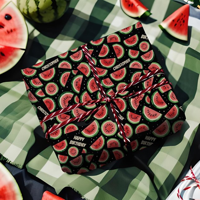 Papier Cadeau Ajouter Le Nom Eté Anniversaire Fun Watermelon Sur (Personalized wrapping paper with Summer watermelon pattern on black)