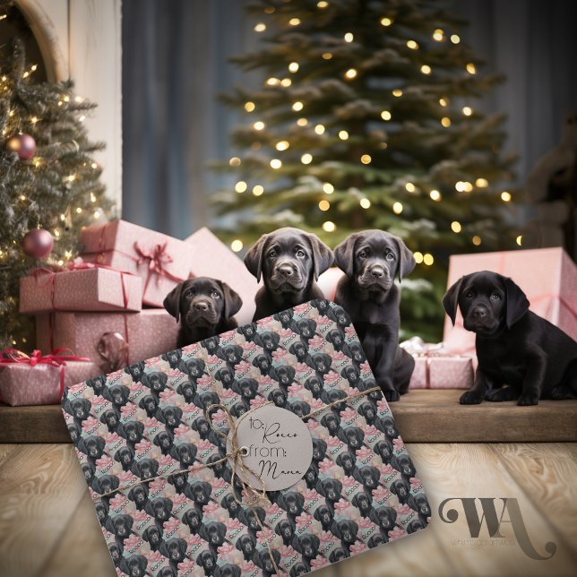Papier Cadeau Ajouter le nom Labrador Puppy Pink Bows Christmas (Créateur téléchargé)