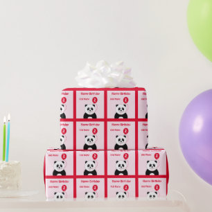 Papier Cadeau Ajouter le nom panda 1er anniversaire rouge rose