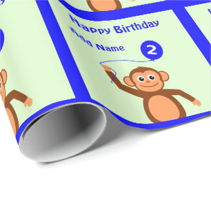 Papier Cadeau Ajouter le nom singe 2e anniversaire aqua