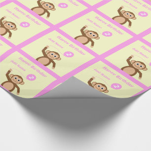 Papier Cadeau Ajouter le nom singe 2e anniversaire crème rose