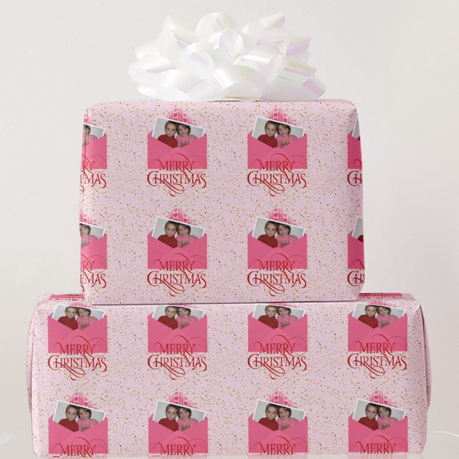 Papier Cadeau Ajouter VOTRE photo Noël rouge et rose (Créateur téléchargé)