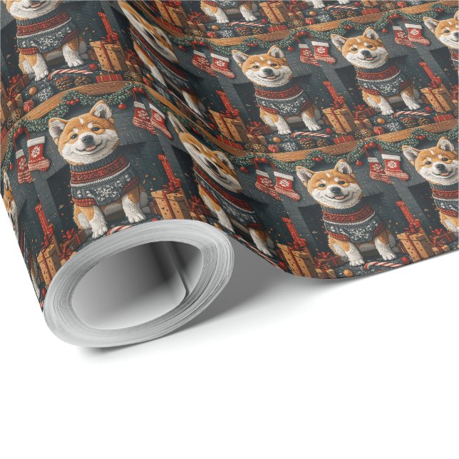 Papier Cadeau Akita Chien avec des cadeaux de Noël cheminée (Coin rond)