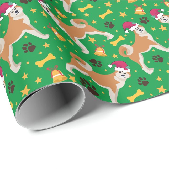 Papier Cadeau Akita Inu Chien Avec Le Père Noël (Coin rond)
