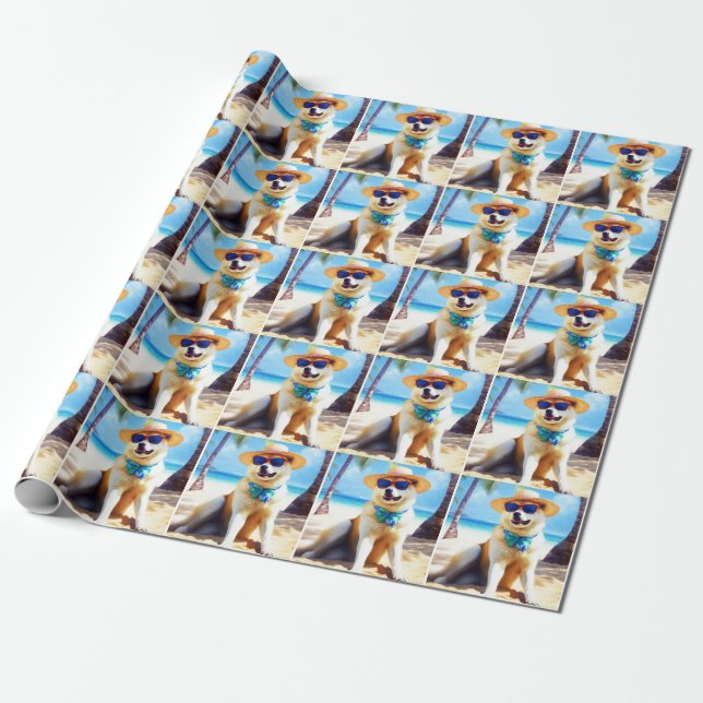 Papier Cadeau Akita sur la plage, cadeau d'été pour les amoureux (Déroulé)