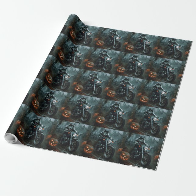 Papier Cadeau Alaskan Malamute équitation moto Halloween effraya (Déroulé)