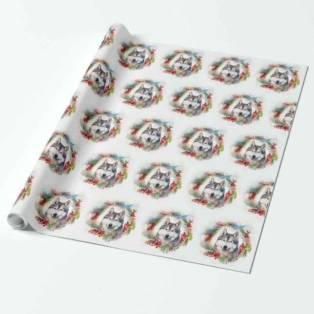 Papier Cadeau Alaskan Malamute Festive de la couronne de Noël (Déroulé)