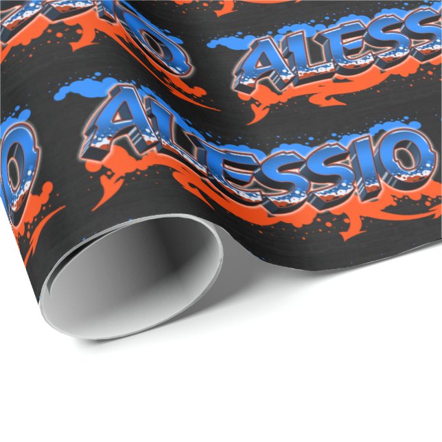 Papier Cadeau Alessio prénom Graffiti blue orange (Coin rond)