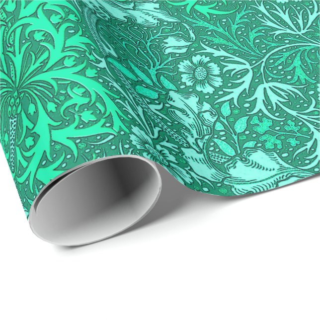 Papier Cadeau Algue de Nouveau d'art florale, turquoise et Aqua (Coin rond)