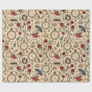 Papier Cadeau Alice a inspiré lapin blanc, horloges et roses