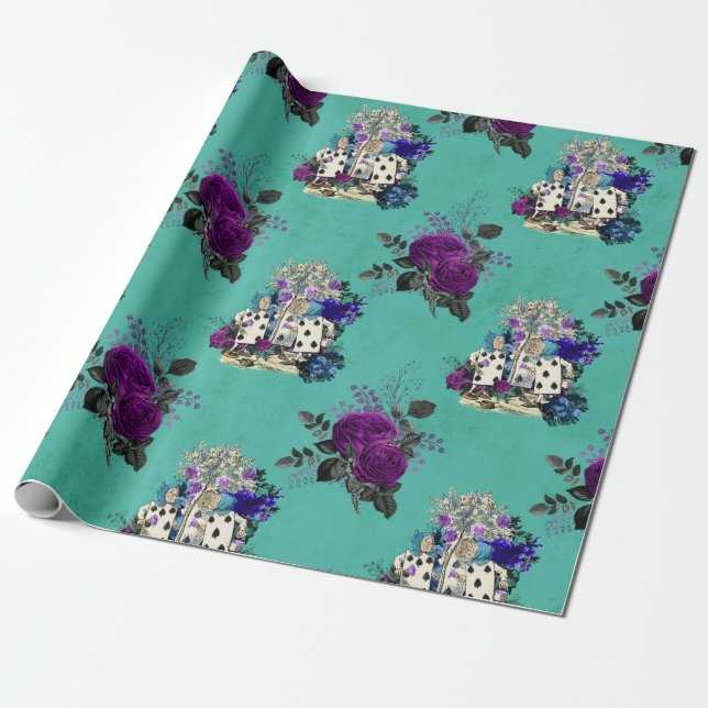 Papier Cadeau Alice au pays des merveilles Cartes et Roses (Déroulé)