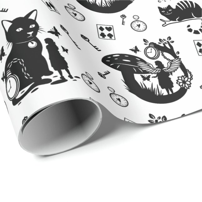 Papier Cadeau Alice au pays des merveilles Design noir et blanc (Coin rond)