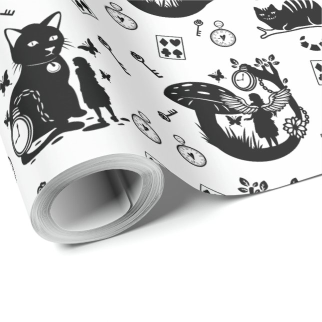 Papier Cadeau Alice au pays des merveilles Design noir et blanc (Coin rond)