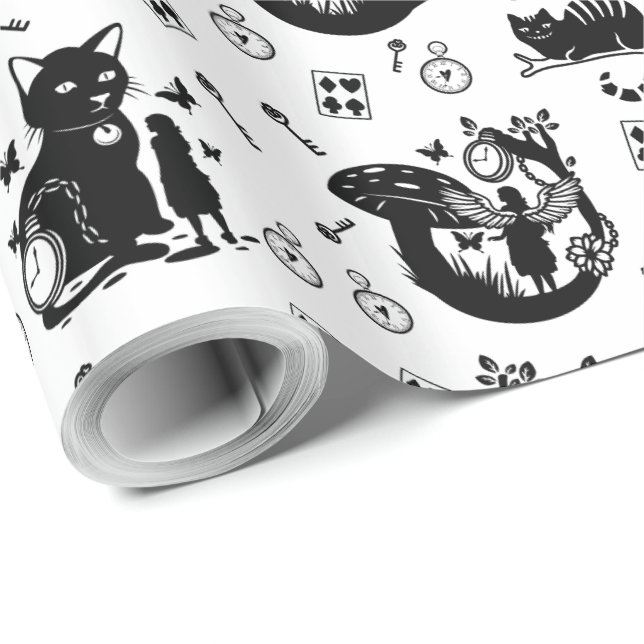 Papier Cadeau Alice au pays des merveilles Design noir et blanc (Coin rond)