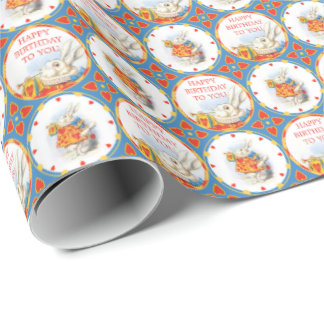 Papier Cadeau Alice en rouge blanc d'anniversaire de lapin du