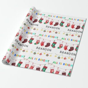 Papier Cadeau All Is Bright Christmas Nom personnalisé