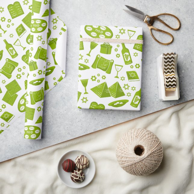 Papier Cadeau All The Symbols For Passover In Green  (Artisanat)