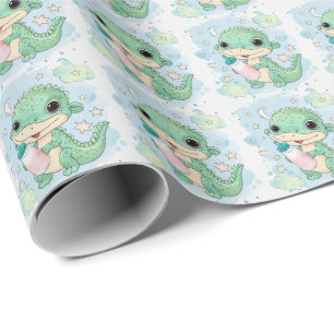 Papier Cadeau Alligator Vert Bébé Pastel Aquarelle Motif