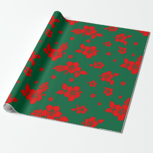 Papier Cadeau Aloha Hawaii Rouge sur le Motif de Noël vert