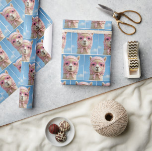 Papier Cadeau Alpaca portant une écharpe et des lunettes de sole