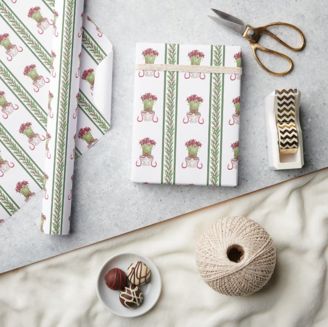 Papier Cadeau Amaryllis Bourgogne et Noël Topiaire (Artisanat)