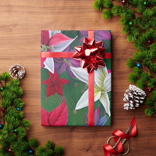 Papier Cadeau Amaryllis Fleurs et pins (Cadeau de vacances)