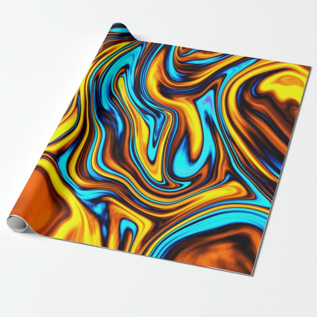 Papier Cadeau Ambre d'or et coulée de lave Abstraite bleue (Déroulé)