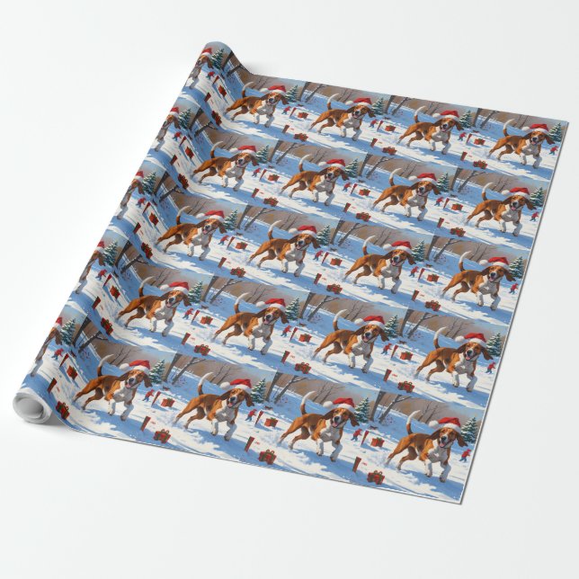 Papier Cadeau American English Foxhound Noël Festive Neige (Déroulé)