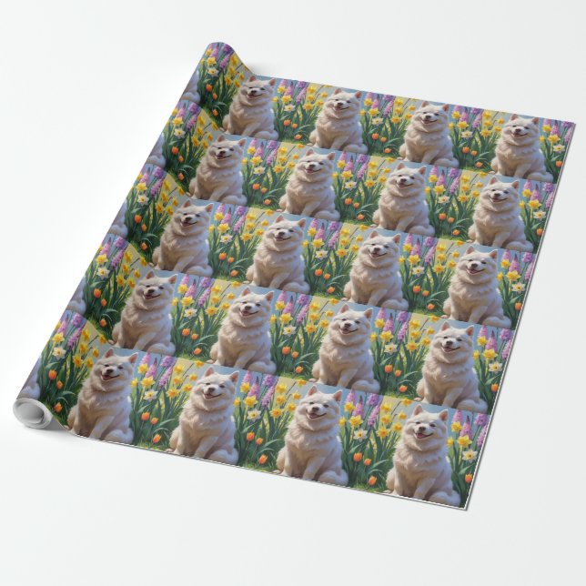 Papier Cadeau American Eskimo Chien Fleurs de printemps Peinture (Déroulé)