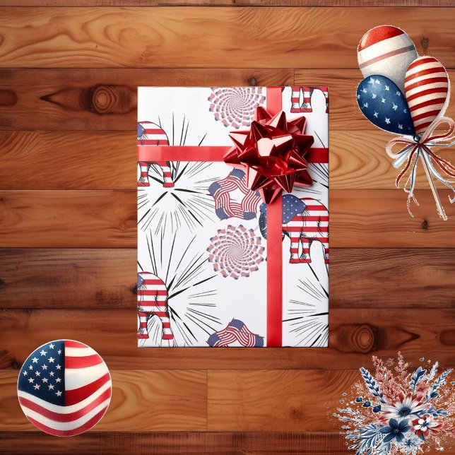Papier Cadeau American Flag Fireworks Elephant 4 juillet (American Flag Fireworks Elephant 4th July Party Wrapping Paper)