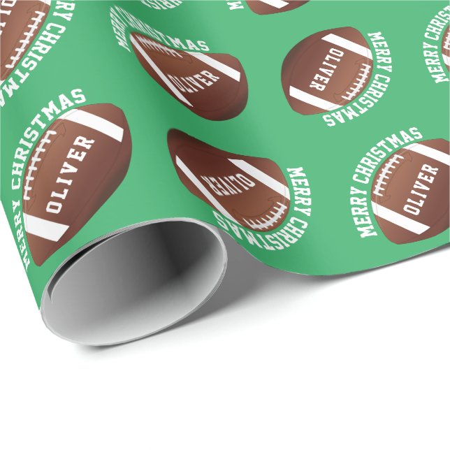 Papier Cadeau American Football Balls Nom Green Christmas (Coin rond)