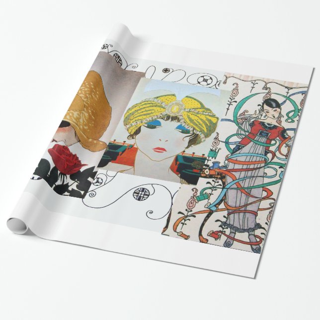 PAPIER CADEAU AMIE AVEC ROSE ROUGE, STUME DE BEAUTÉ ART DÉCO (Déroulé)