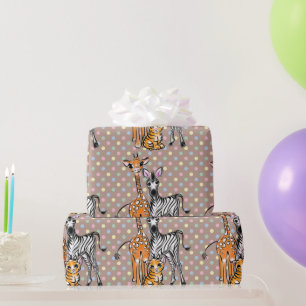 Papier Cadeau Amis Safari, girafe, zèbre, tigre