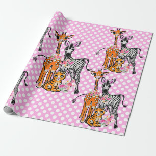 Papier Cadeau Amis Safari, girafe, zèbre, tigre, poka rose