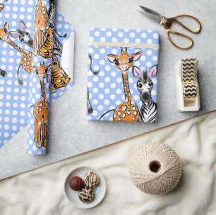 Papier Cadeau Amis Safari, girafe, zèbre, tigre, polka bleue