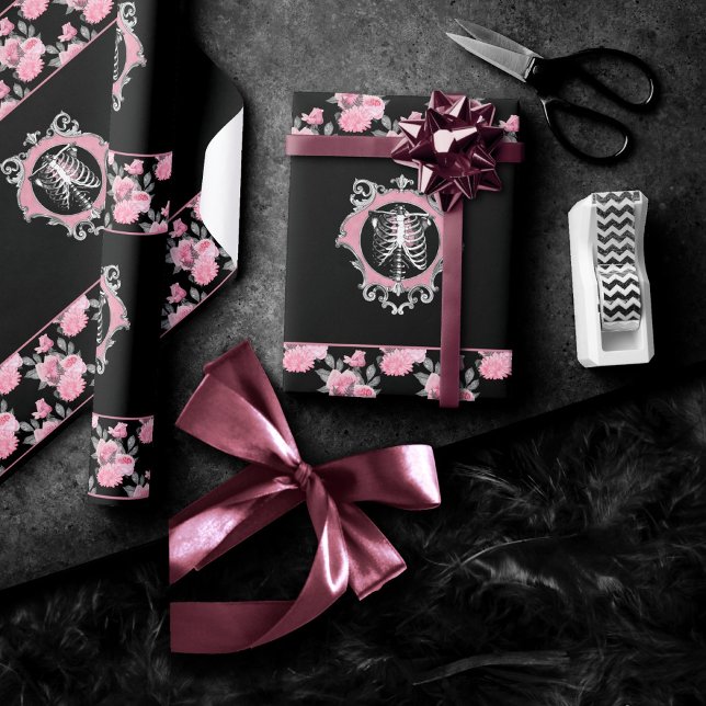 Papier Cadeau Amour gothique | Squelette rose et noir Coeur flor (Créateur téléchargé)