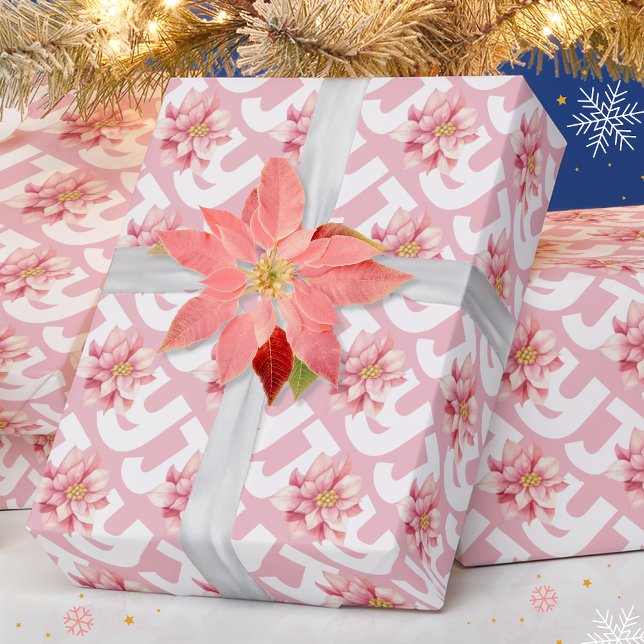Papier Cadeau Amour Paix Joie Rose Poinsettia Noël (Créateur téléchargé)