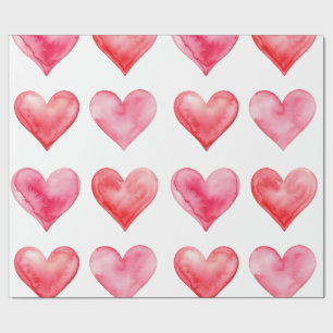 Papier Cadeau Amour rose et rouge aquarelle coeurs motif