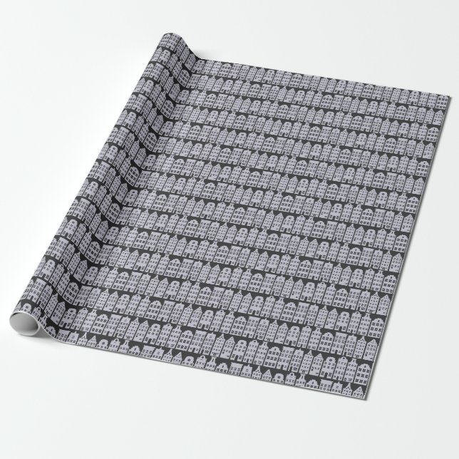 Papier Cadeau Amsterdam Canal Row Maisons Charcoal Silver Motif (Déroulé)