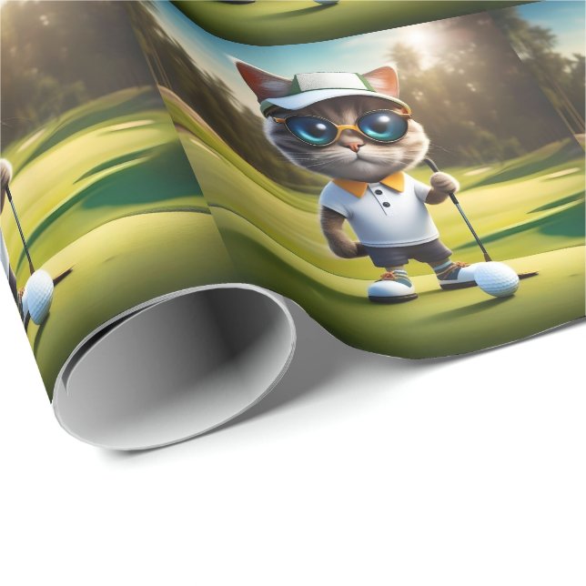 Papier Cadeau Amusant Animé Cat Golf Player, (Coin rond)