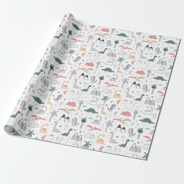 Papier Cadeau Amusant Pastel Dinosaur Motif de scène (Déroulé)