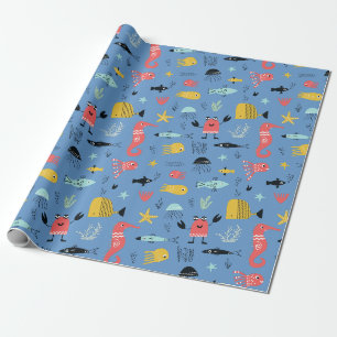 Papier Cadeau Amusant sous la mer mignon dessin animé animaux de