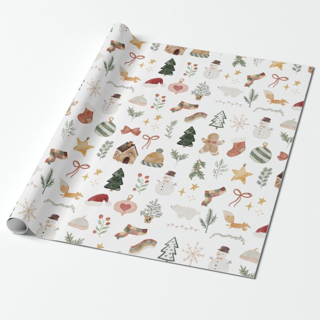 Papier Cadeau Amusants Noël Aquarelle Accents Cadeau (Déroulé)