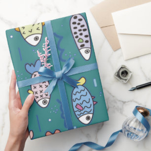 Papier Cadeau Amusants Poisson Doodé Océan Turquoise Pisces d'ea