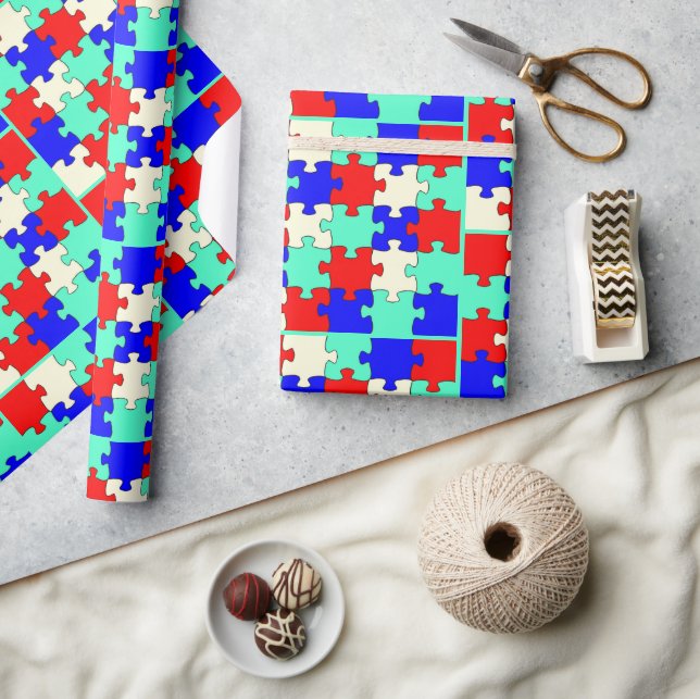 Papier Cadeau Amusants Puzzle vert, bleu, rouge et blanc (Artisanat)
