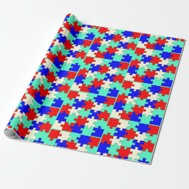 Papier Cadeau Amusants Puzzle vert, bleu, rouge et blanc