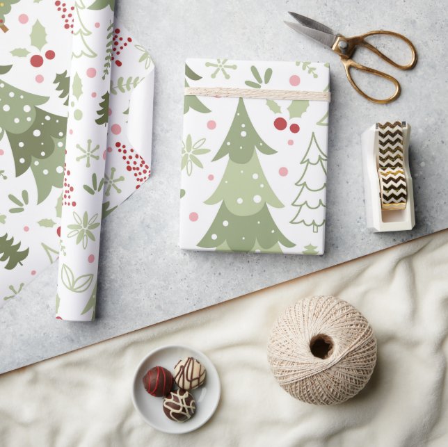 Papier Cadeau Amusants Rouge Vert Pastel Arbres Noël (Artisanat)