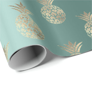 Papier Cadeau Ananas Fruit Faux Or Tropic Été Teal Vert