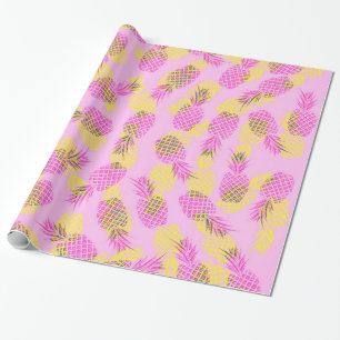 Papier Cadeau Ananas hawaïens tropicaux jaunes et roses au néo